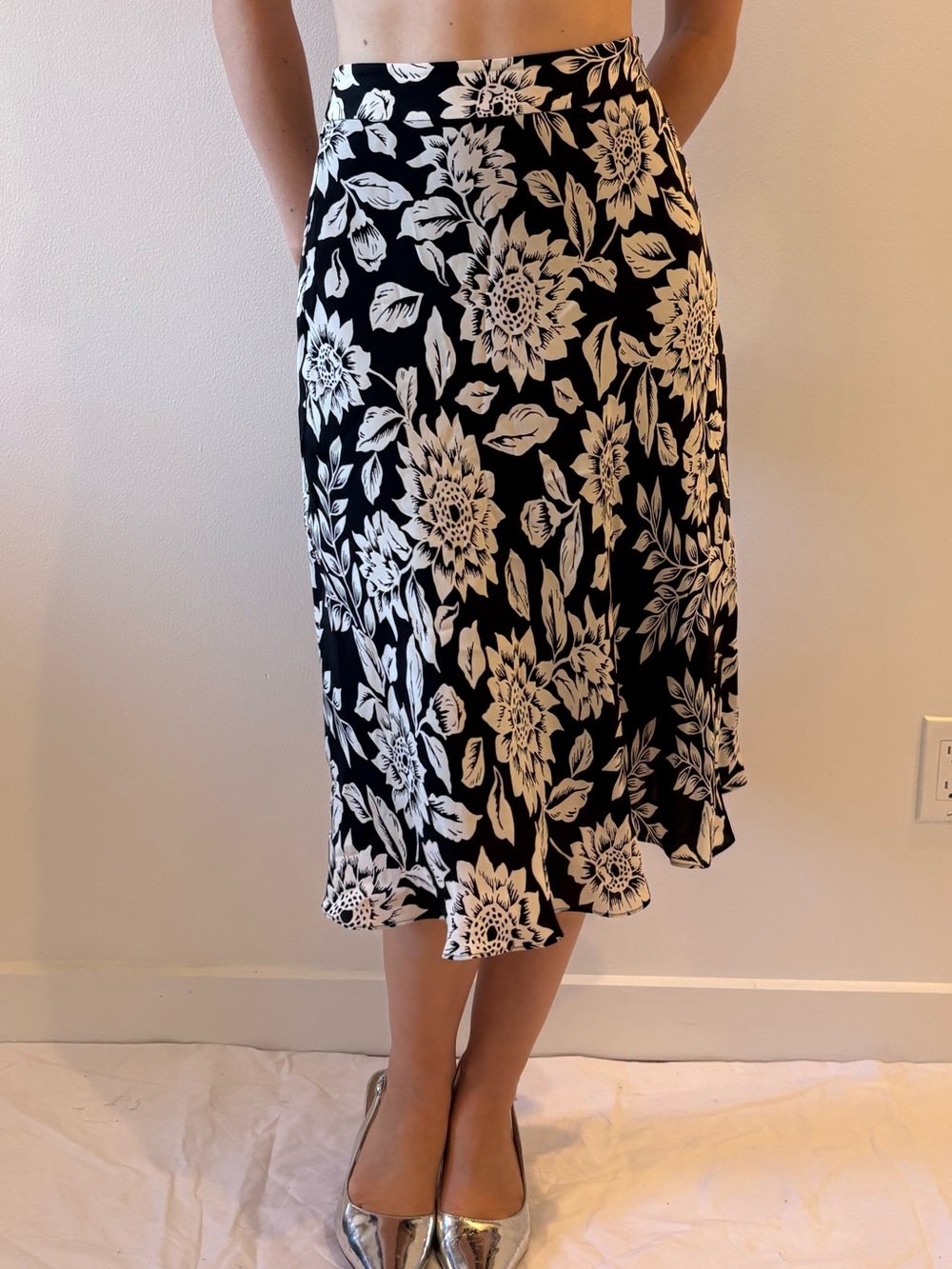 Black and white floral silk midi skirt